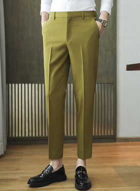 春款西裤男九分裤直筒修身小脚裤韩版潮流垂感黑色弹力休闲裤子男