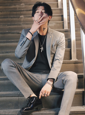 春夏新款男士韩版潮流西服两件套发型师修身弹力休闲西装套装帅气