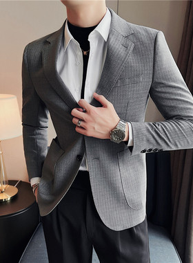 夏季灰色格子休闲西装男士小西服外套韩版修身痞帅气正装单件上衣
