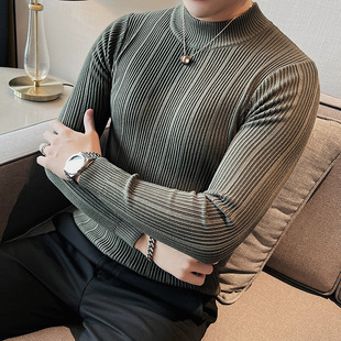 半高领长袖毛衣男士修身针织纯色套头竖条纹打底衫秋冬季紧身潮流
