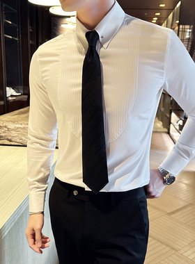 暗条纹白色长袖衬衫男士结婚婚礼新郎正装西装内搭塔士多礼服衬衣
