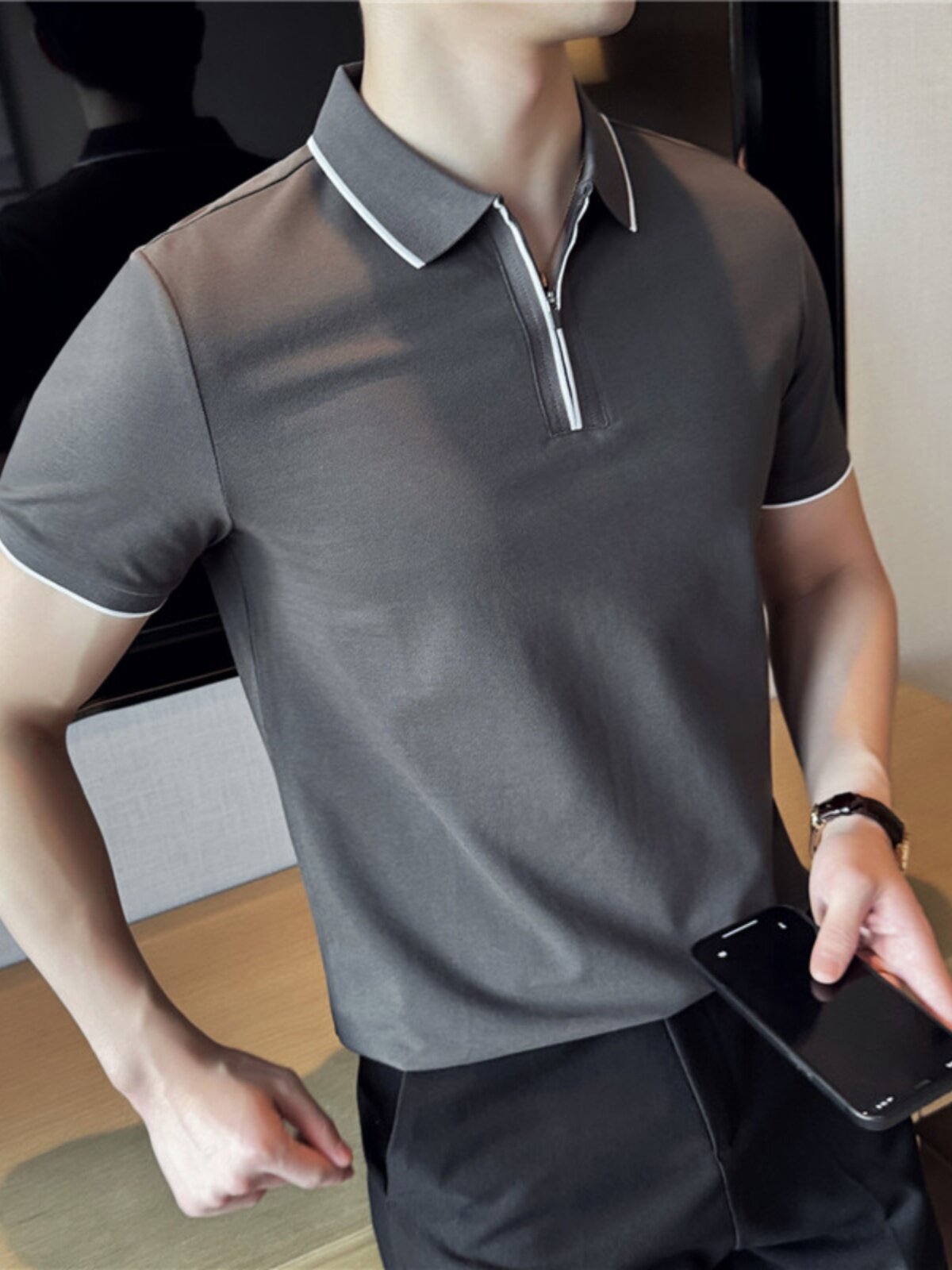 LIGHTWEIGHT BREATHABLE ICE SILK T-SHIRT MENS SUMMER THIN SLIM HALF-ZIP STRETCH SHORT-SLEEVED POLO SHIRT LAPEL PAUL SHIRT