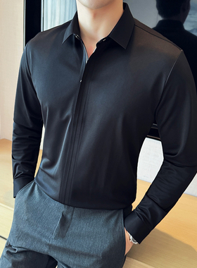 高级感免烫无痕商务垂感修身弹力华夫格衬衫拉链纯色休闲长袖衬衣