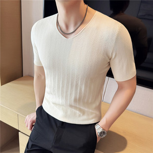 痞帅冰丝短袖t恤男士夏季薄款2025新款潮牌男装v领针织打底衫男款