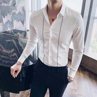 衬衫 线条刺绣男士 时尚 青年休闲长袖 个性 修身 春夏新款 韩版 潮 白衬衫