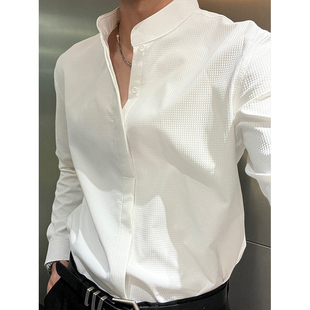 暗扣中山装 新中式 长袖 男高级感痞帅修身 衬衣白色华夫格潮 立领衬衫