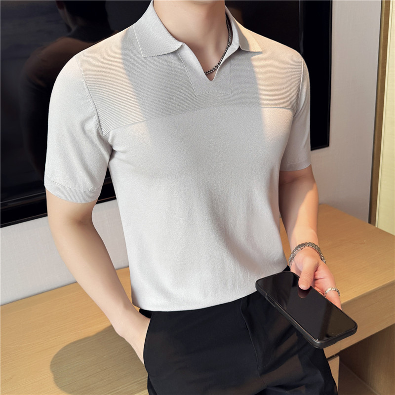 冰凉透气薄款亲肤凉感polo针织衫V领条纹夏季男士休闲冰丝短袖T恤