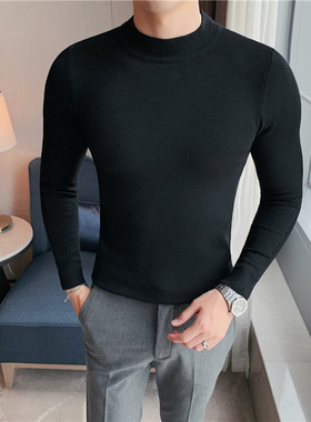 春秋半高领毛衣男士韩版个性针织衫纯色黑色毛衣毛线衣男时尚潮流