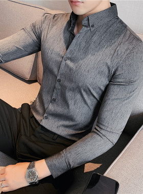 轻奢质感免烫抗皱灰色衬衫男长袖修身轻商务时尚帅气暗条纹衬衣男