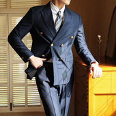 戗驳领藏青色休闲西装 男士 结婚两件套 布雷泽双排扣西服套装 意式