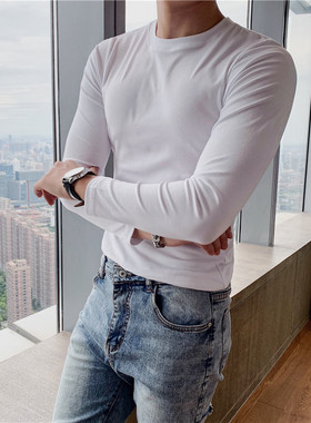 男士长袖T恤打底衫纯色圆领纯白色体恤修身春秋男装上衣紧身弹力