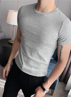 夏季短袖男士t恤修身紧身体恤纯色纯棉衣打底衫圆领秋装上衣白色