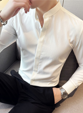 薄款条纹纹路衬衫男长袖高级感休闲立领白色上衣外套潮流休闲衬衣
