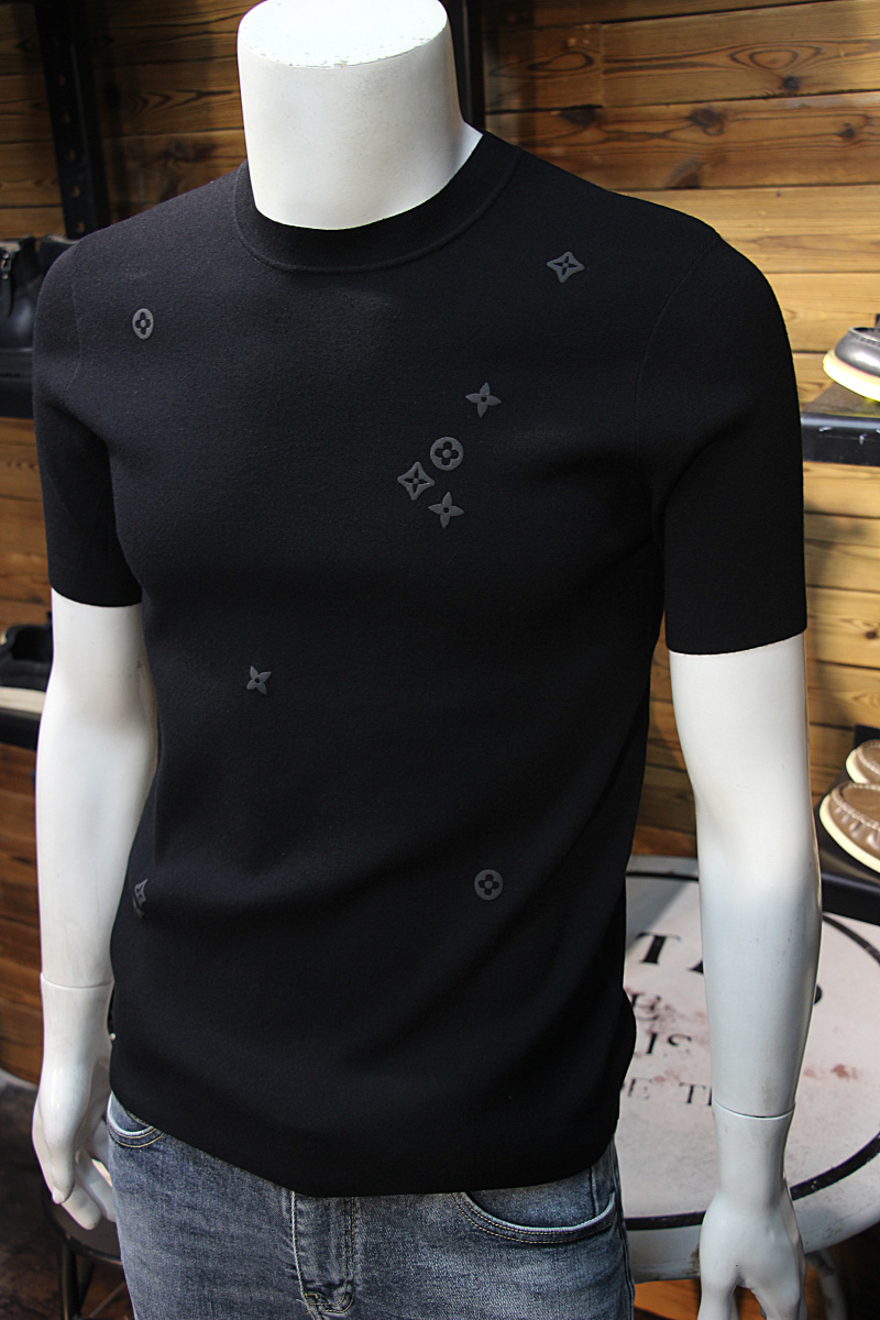 秋冬男士全身小图标简欧时尚天丝羊绒针织短袖修身休闲男毛衣T恤