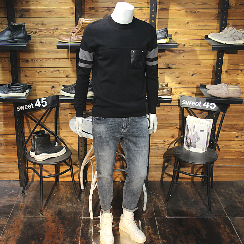 拼接皮口袋男士圆领针织长袖修身休闲帅气撞色条纹秋冬毛衣打底衫