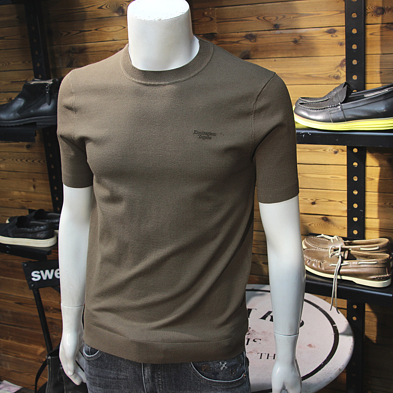 秋冬男天丝针织短袖简约小字母圆领修身弹力毛衣半袖简欧毛线T恤