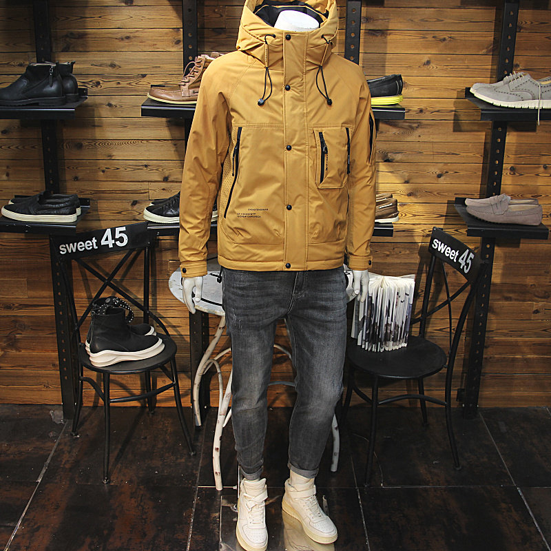 冬装男加厚连帽冲锋衣羽绒服工装拉链大口袋时尚帅气青年羽绒外套