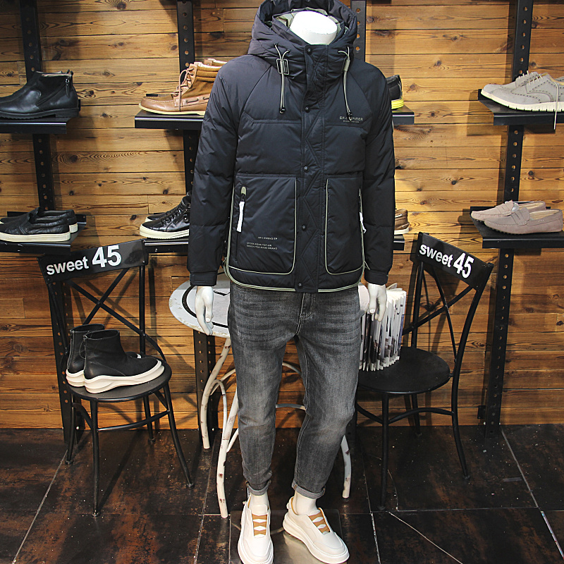 冬季男士连帽加厚羽绒服工装口袋拼接色帅气保暖防风带帽羽绒夹克