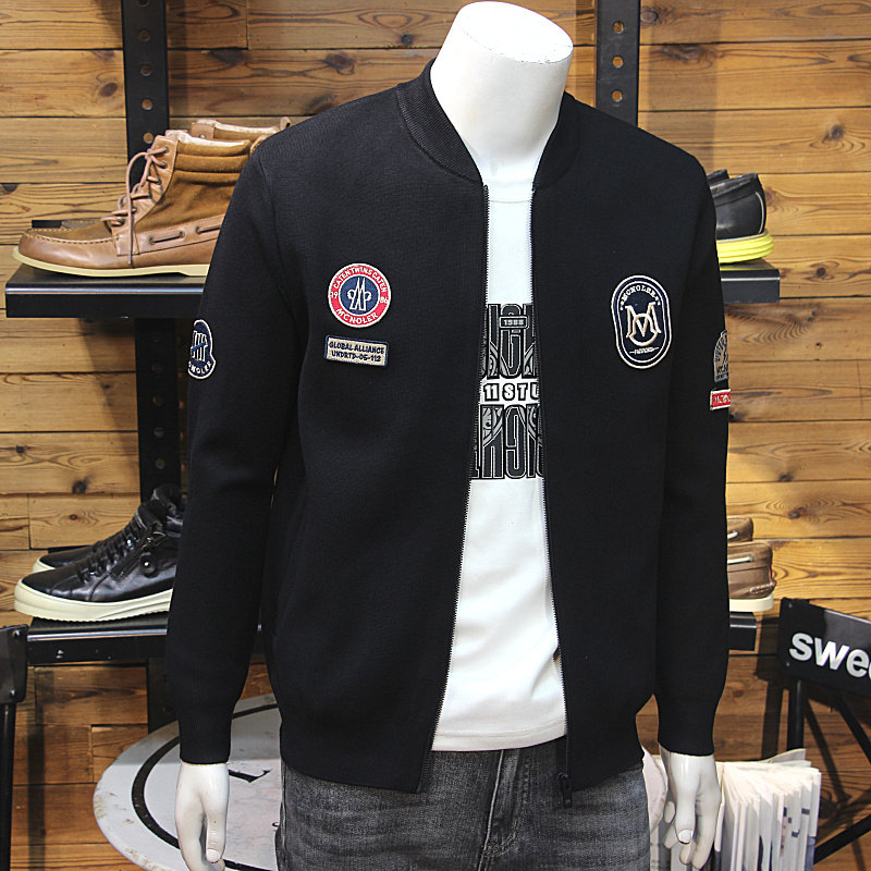 秋装男士棒球领针织夹克徽章刺绣小标修身休闲青年弹力毛衣开衫