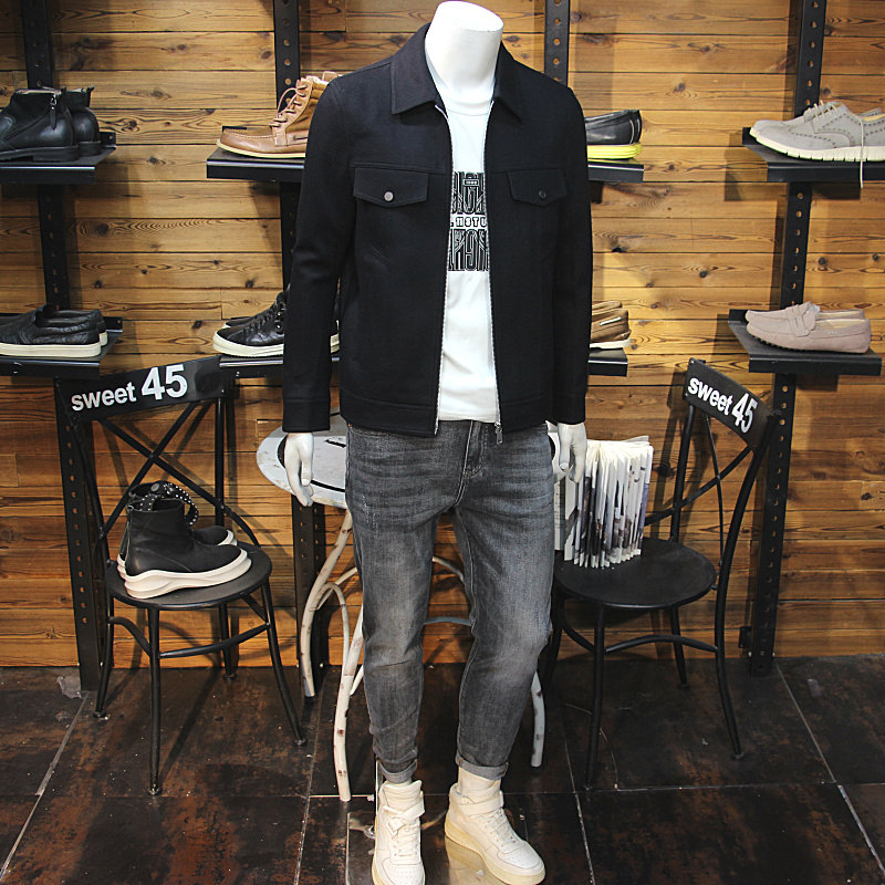 秋冬男羊毛呢翻领夹克简约时尚简欧修身青年帅气外套