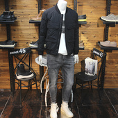 冬装 男棒球领羽绒夹克拼接大口袋青年帅气保暖螺纹立领羽绒服外套