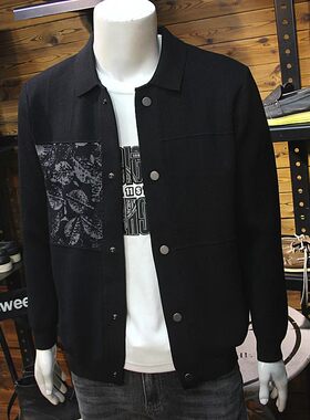 拼接暗纹印花男士翻领针织夹克简约修身百搭青年帅气毛衣开衫外套