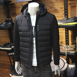 拼接针织袖可拆卸帽子男羽绒服简约设计青年帅气排骨羽绒夹克外套
