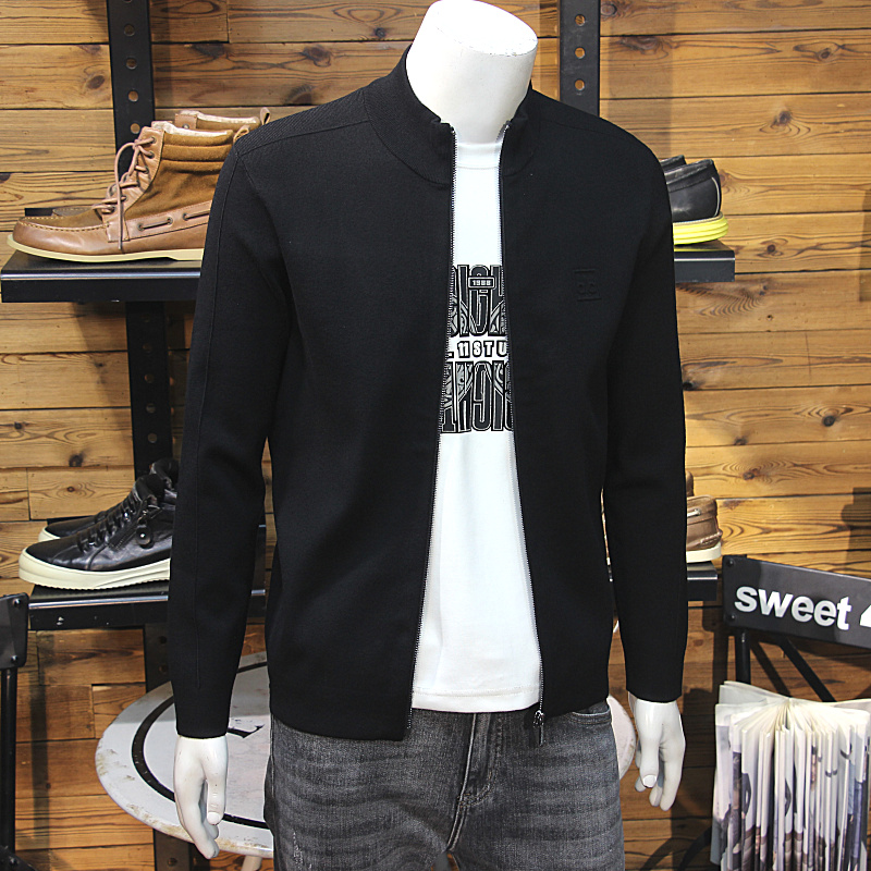 螺纹立领秋冬男针织夹克简欧立体钢印小标修身轻奢毛衣开衫外套