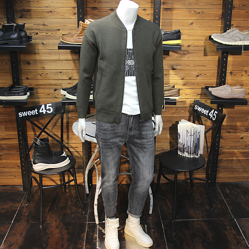 秋装男棒球领针织夹克简约净版修身休闲百搭青年帅气毛衣开衫外套