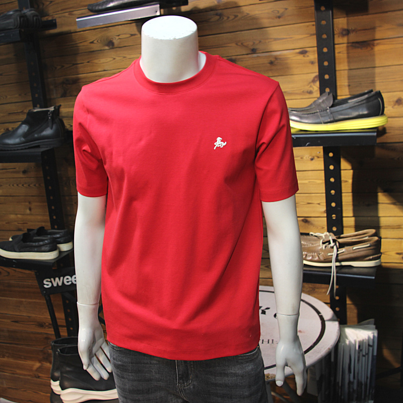 马图标刺绣秋冬男加厚短袖简约圆领时尚青年帅气修身厚料T恤半袖