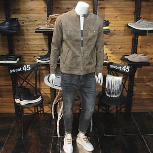 磨砂皮小立领男士皮夹克青年修身休闲春秋长袖外套机车短款皮衣