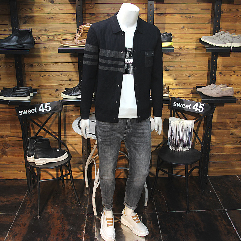 秋季男士翻领针织夹克皮口袋设计青年修身休闲简欧毛衣开衫外套