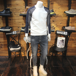 拼接袖设计男套头卫衣简约修身日系青年帅气撞色长袖圆领春秋卫衣