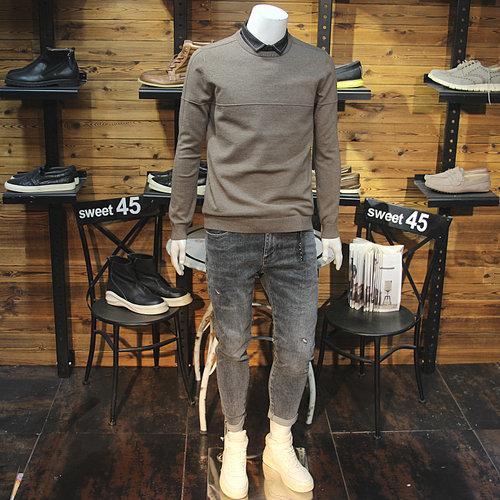 简单净版假两件休闲翻领马甲毛衣