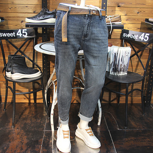 斜插兜男士牛仔裤春夏洗水做旧磨白青年帅气修身百搭牛仔裤