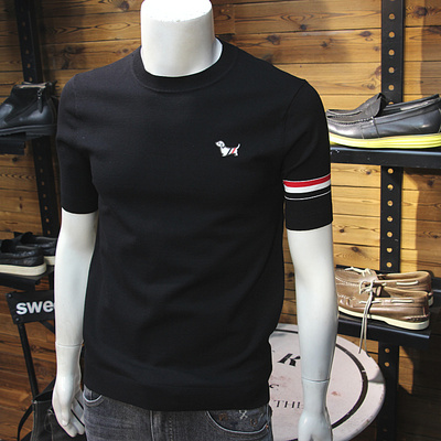 秋冬男天丝针织短袖小狗图标彩色织带修身圆领轻奢简欧毛衣半袖t