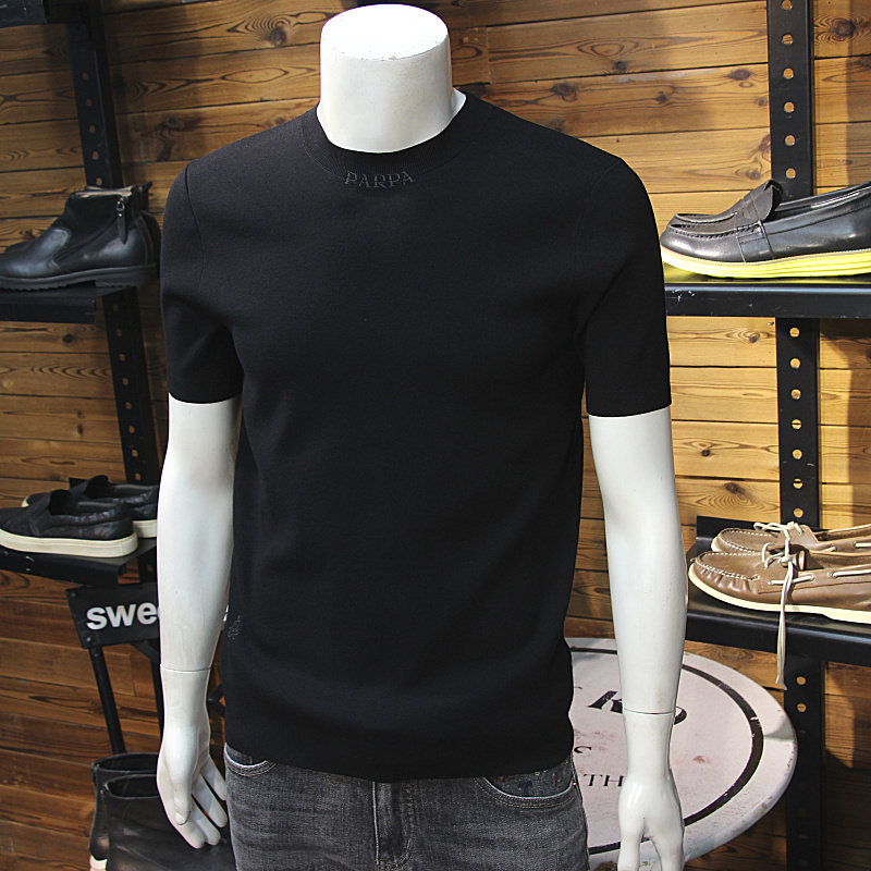 简欧领口刺绣字母秋冬男士天丝针织短袖修身休闲青年毛衣半袖T恤,男装,针织衫/毛衣,淘宝优惠券,粉丝福利购,淘宝优惠卷