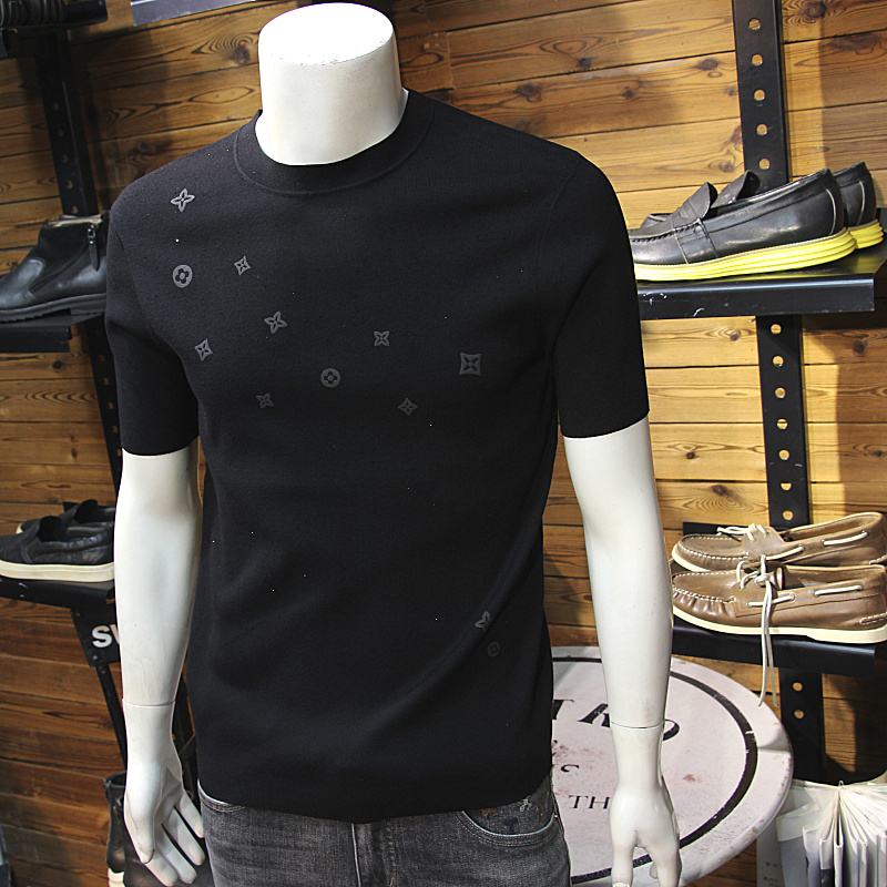 天丝羊绒秋冬男针织短袖简欧全身小图标时尚轻奢烫钻青年毛衣T恤