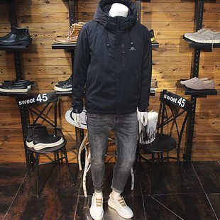 冬装男连帽羽绒服简约工装口袋青年修身休闲保暖羽绒夹克羽绒外套