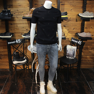 秋冬男提花刺绣针织短袖天丝羊绒针织圆领修身毛线半袖T恤打底