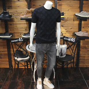 冬季男士提花针织短袖简欧时尚暗花圆领保暖毛线毛衣半袖T恤衫