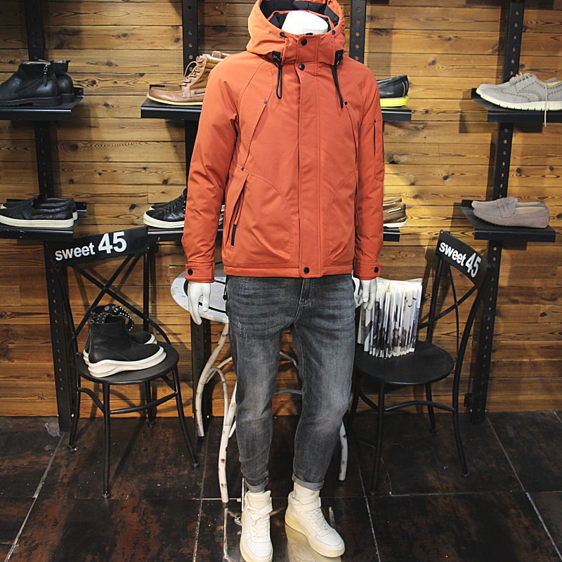 冬装男加厚连帽羽绒服防风冲锋衣羽绒外套弧形拉链拼接口袋羽绒服