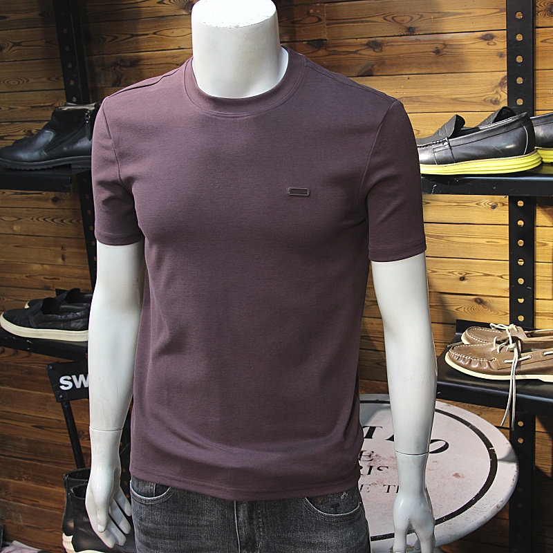 秋冬男士磨毛厚料短袖简约金属小标修身圆领弹力加厚舒绒舒适T恤