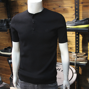 盘口小立领秋冬男针织短袖国风简约修身休闲羊毛天丝毛衣半袖T恤