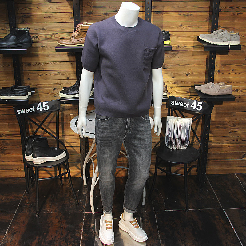 秋冬男羊毛针织短袖简约老钱风拼接编织口袋圆领休闲青年毛衣T恤