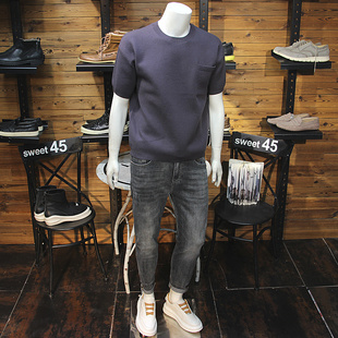 秋冬男羊毛针织短袖简约老钱风拼接编织口袋圆领休闲青年毛衣T恤