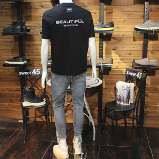 原创拼接设计后背字母男加厚短袖圆领修身休闲青年厚料高克重T恤