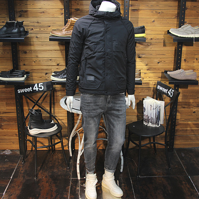 冬装男连帽棉服拼接拉链口袋青年修身保暖棉衣外套防风二棉夹克