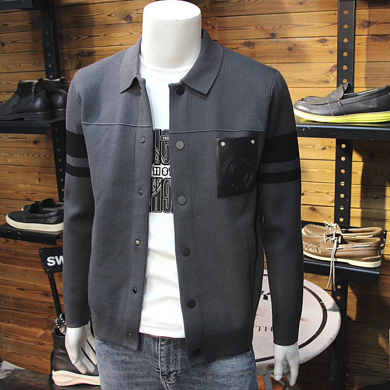 拼接皮口袋男士翻领针织夹克简欧时尚修身青年春秋毛衣开衫外套