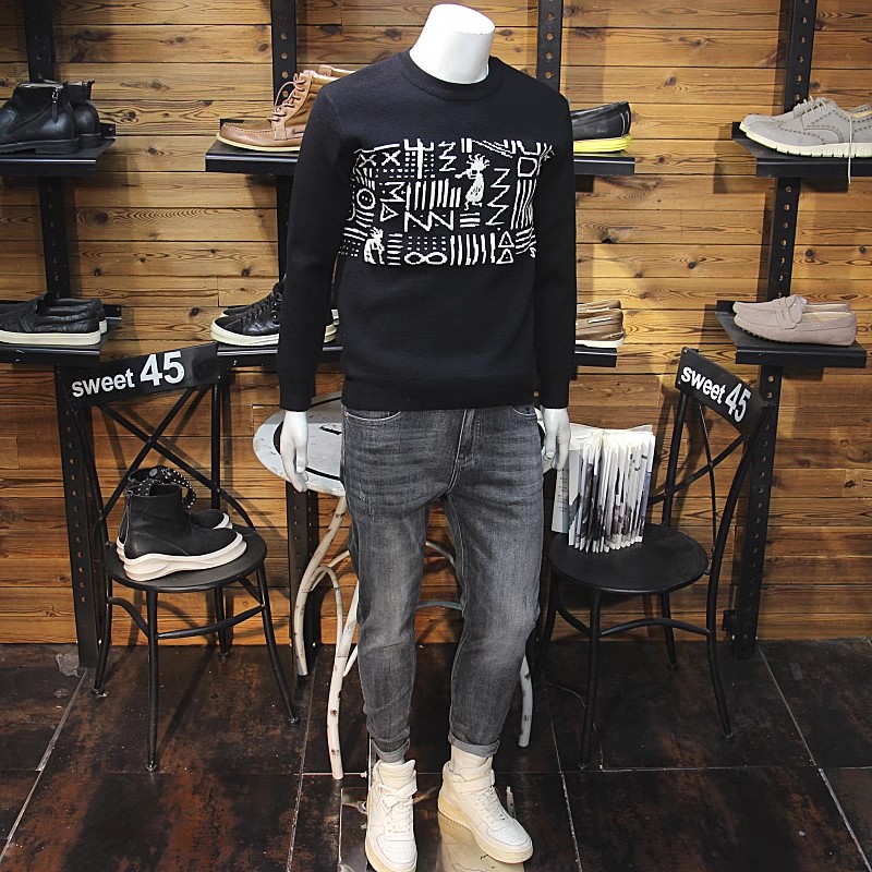 冬季男拼接针织长袖圆领修身时尚撞色休闲套头毛线衣男打底衫